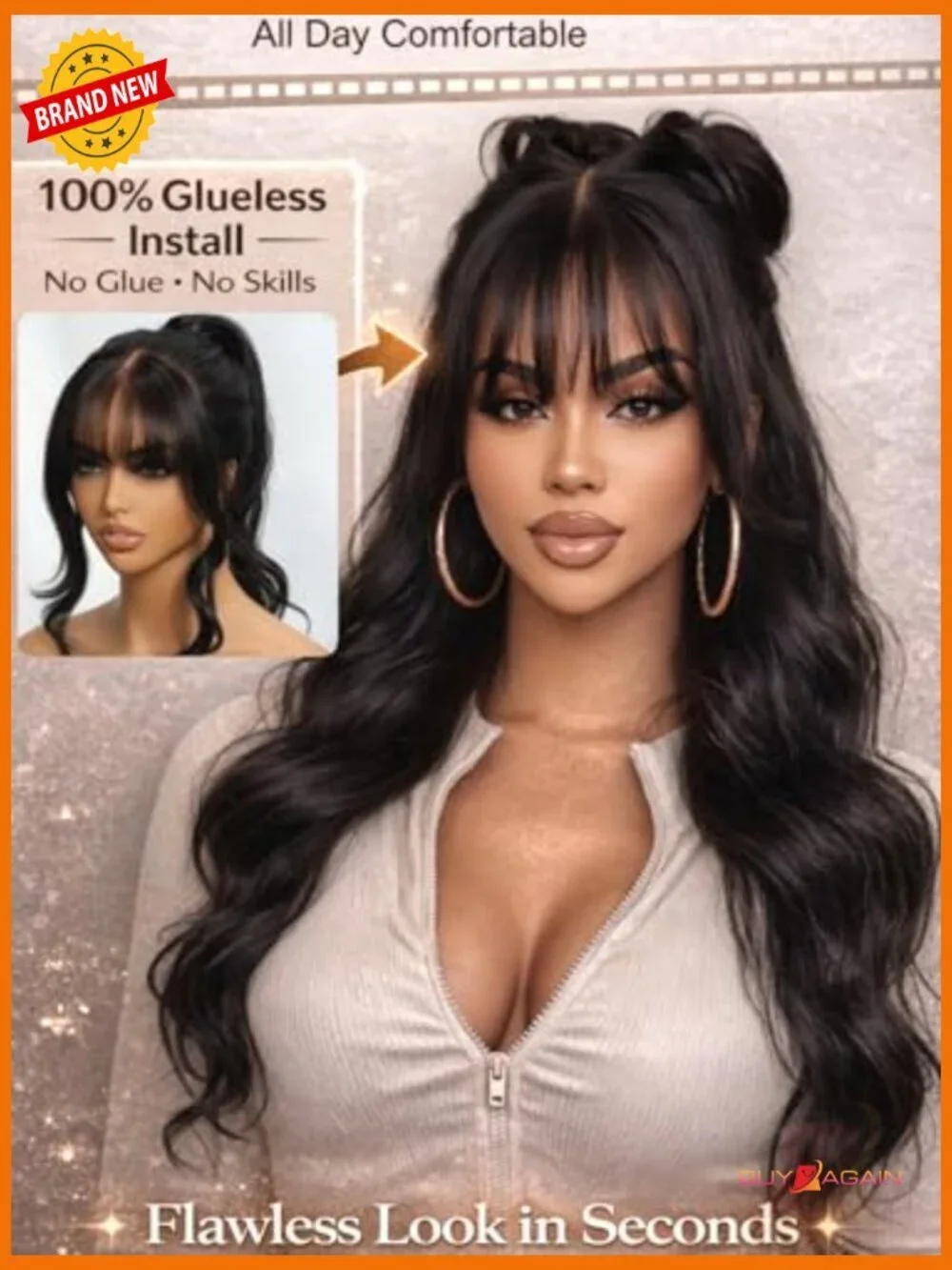 Body Wave Human Hair Wig with Wispy Bangs, Glueless Lace Front, Pre-Plucked